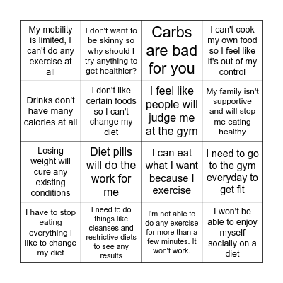 Healthy lifestyle roadblocks and misconceptions Bingo Card