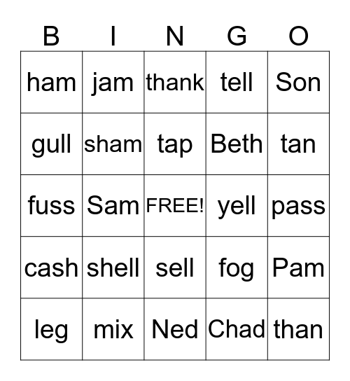 Word List Bingo Card