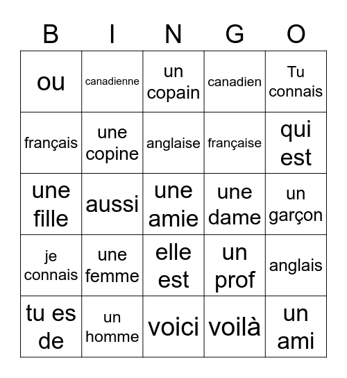 Les Personnes Unité 1 Bingo Card