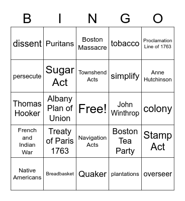 Early Colonial Rule - Causes of the American Revolution Bingo Card