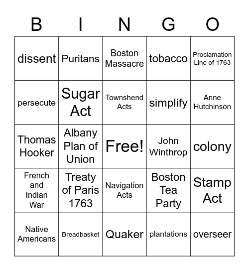 Early Colonial Rule - Causes of the American Revolution Bingo Card