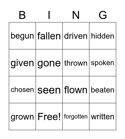 Past Participle Bingo Card