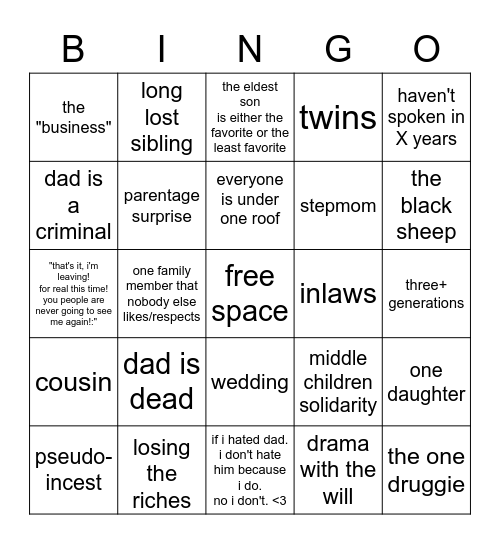 dysfunctional rich family trope Bingo Card