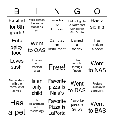 Welcome Back Bingo Card
