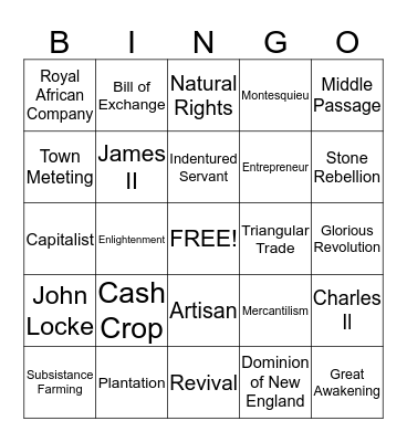 13 colonies Bingo Card