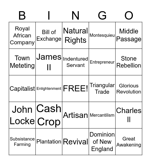 13 colonies Bingo Card