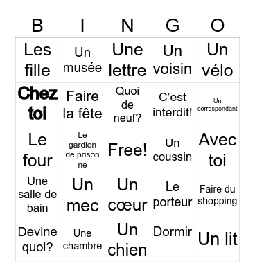 Frenchy French 1 vocabulary bingo Card