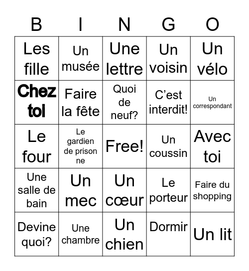 Frenchy French 1 vocabulary bingo Card