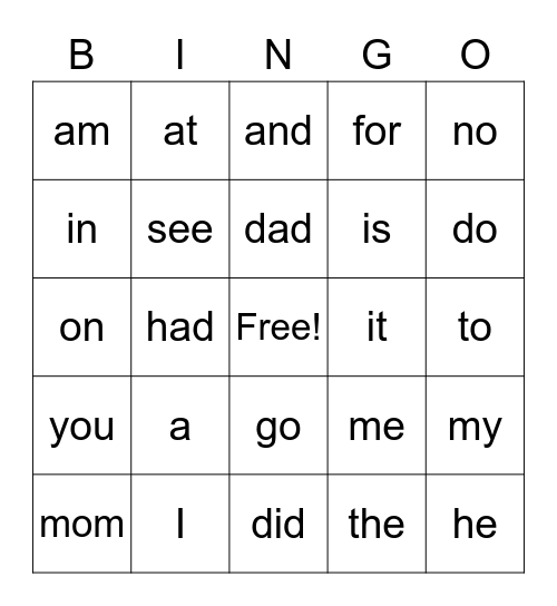 Sight Word BINGO - Kindergarten Bingo Card