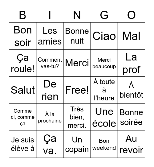 Getting to know you in French! Bingo Card