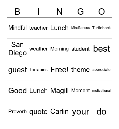 Morning Announcement Bingo Card