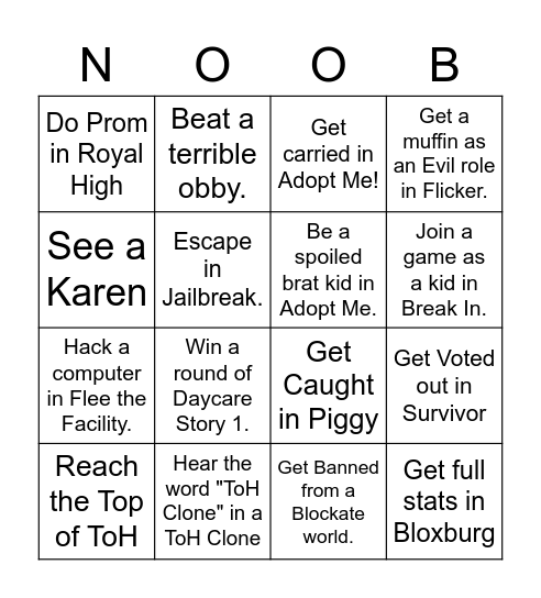 Roblox Bingo Bingo Card - roblox survivor roles