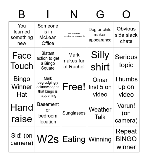 Verato Town Hall Bingo 9/9 Bingo Card