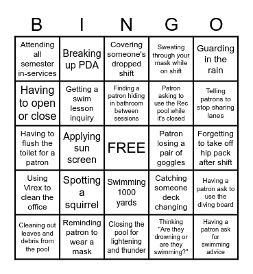 FUN Lifeguard Bingo Card