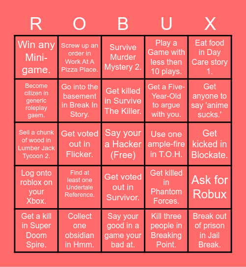 Free Robux Bingo Card