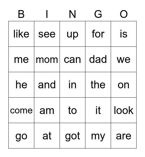 Sight Word Bingo Card