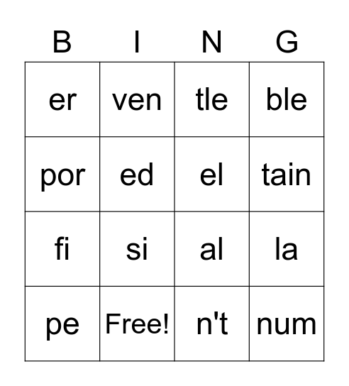 Syllable Bingo Card