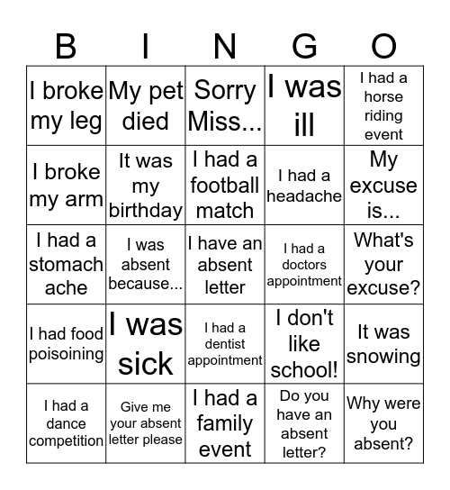 Excuses! Bingo Card