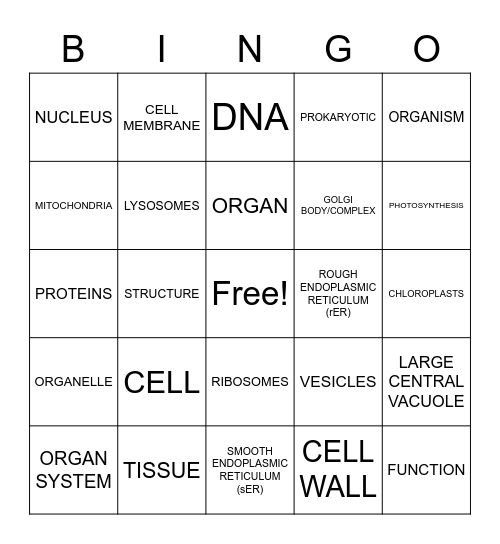 Cell Organelles Bingo Card