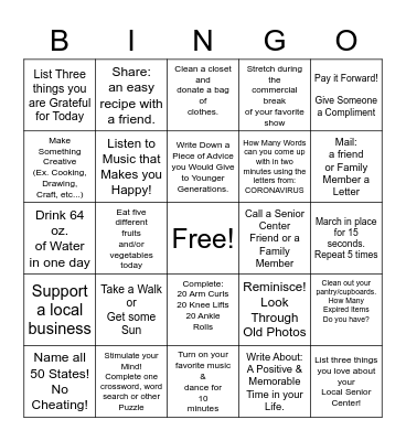 East Hampton Senior Center Bingo Card
