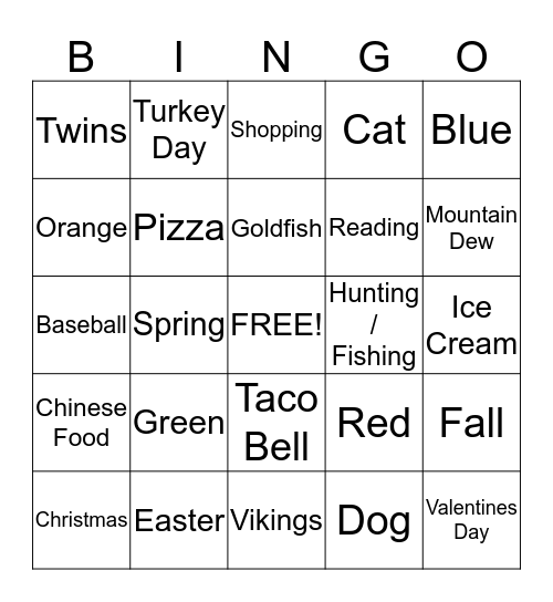 Favorite Bingo Card