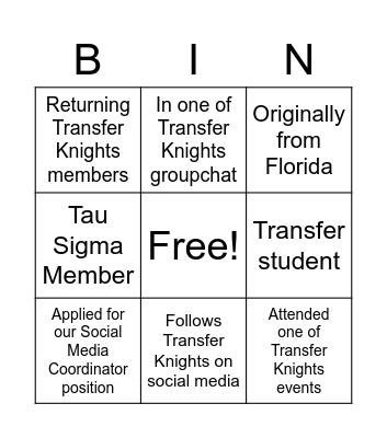 Transfer Knights Bingo Card