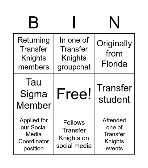 Transfer Knights Bingo Card