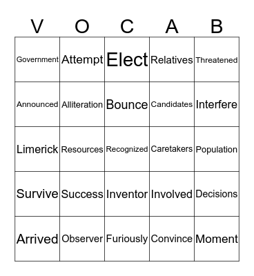 Vocabulary Bingo Card