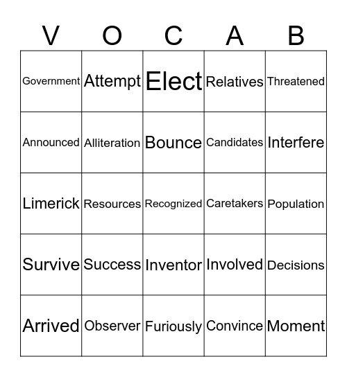 Vocabulary Bingo Card