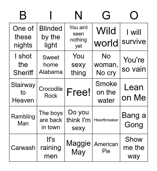 70s Music Bingo Card