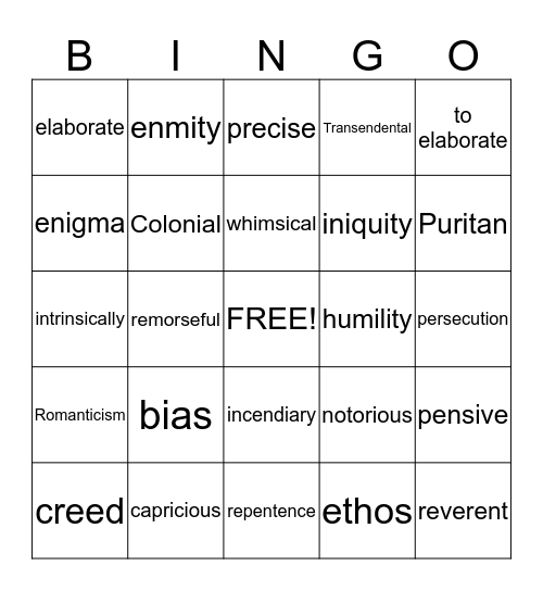 American Literature 2nd Nine weeks Bingo Card