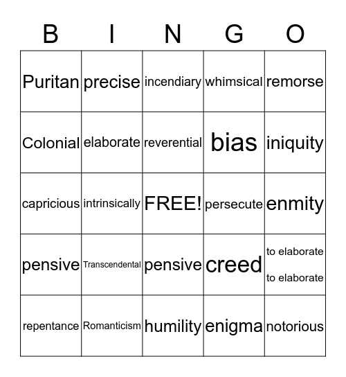American Literature Second Nine Weeks Bingo Card