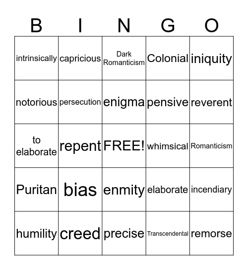 American Literature Second Nine Weeks Bingo Card