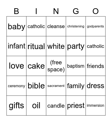 Baptism Bingo Card