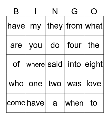Sight Words Bingo Card