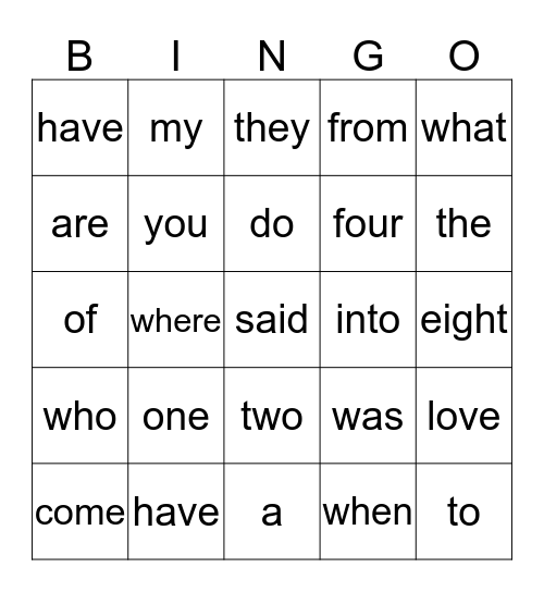 Sight Words Bingo Card