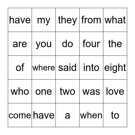 Sight Words Bingo Card