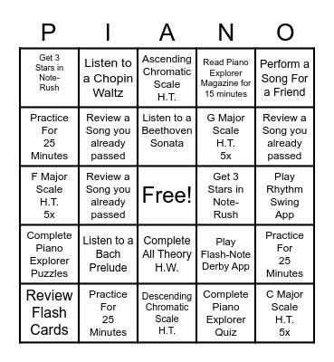Piano For the Week Bingo Card
