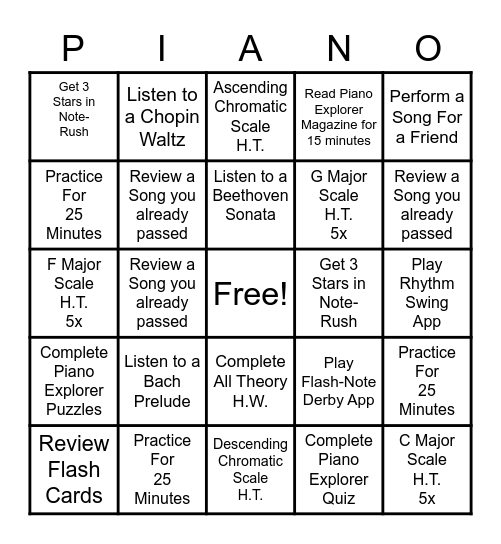 Piano For the Week Bingo Card