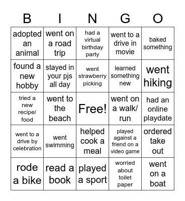 Summer 2020 Bingo Card
