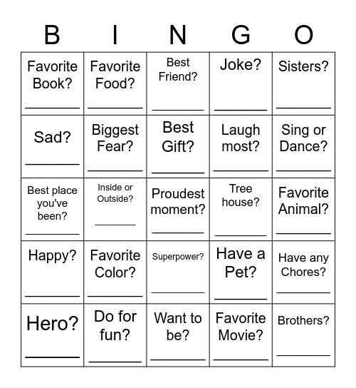 Getting to Know You!! Bingo Card