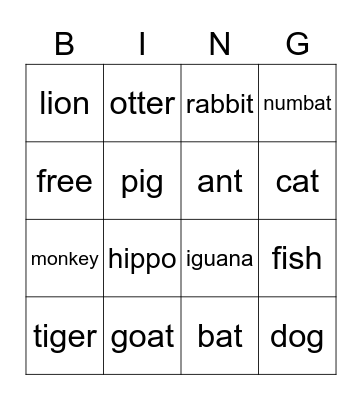 Animal Bingo Card