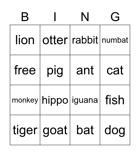 Animal Bingo Card