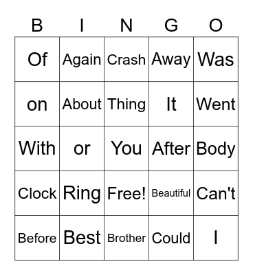 Sight Word Bingo Card