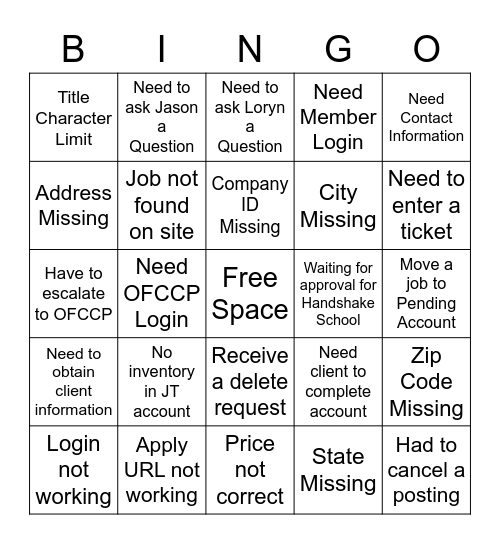 Account Services Bingo Card