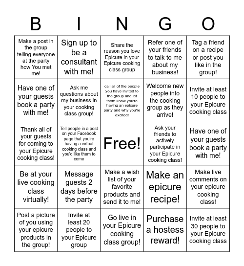 Epicure hostess bingo Card