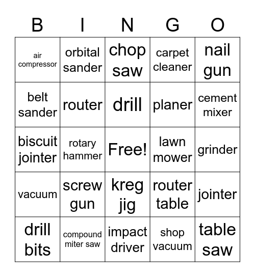 Power tool Bingo Card