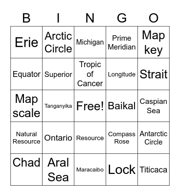 World Lakes/Geography Bingo Card
