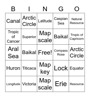 World Lakes/Geography Bingo Card