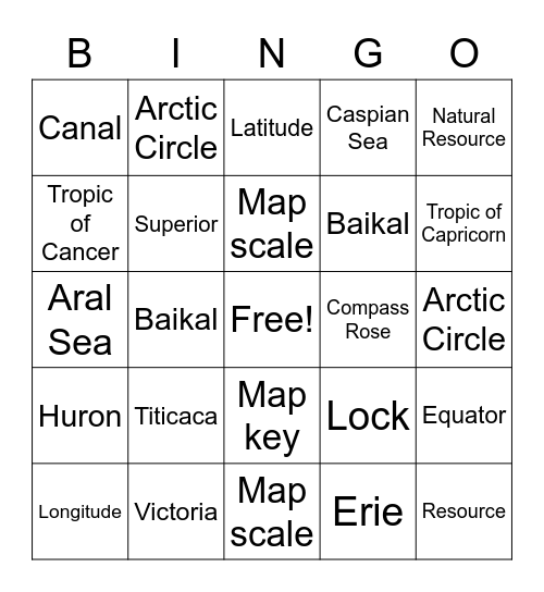 World Lakes/Geography Bingo Card
